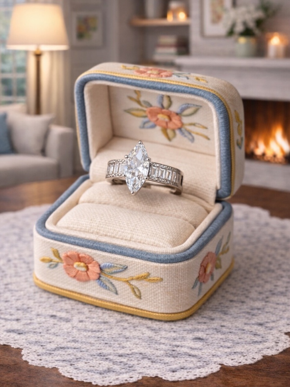 Silver Marquise Baguettes Diamond Stunning Ring Size 6.5